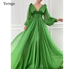 Verngo 2021 ярко-зеленые шелковые шифоновые трапециевидные пышные платья для выпускного вечера с длинными рукавами и V-образным вырезом, вечерние платья на пуговицах