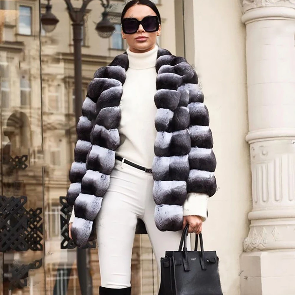 Women Real Chinchilla Color Rex Rabbit Fur Jacket Turn-down Collar Luxury Woman Winter New Genuine Rex Rabbit Fur Coats Outwear