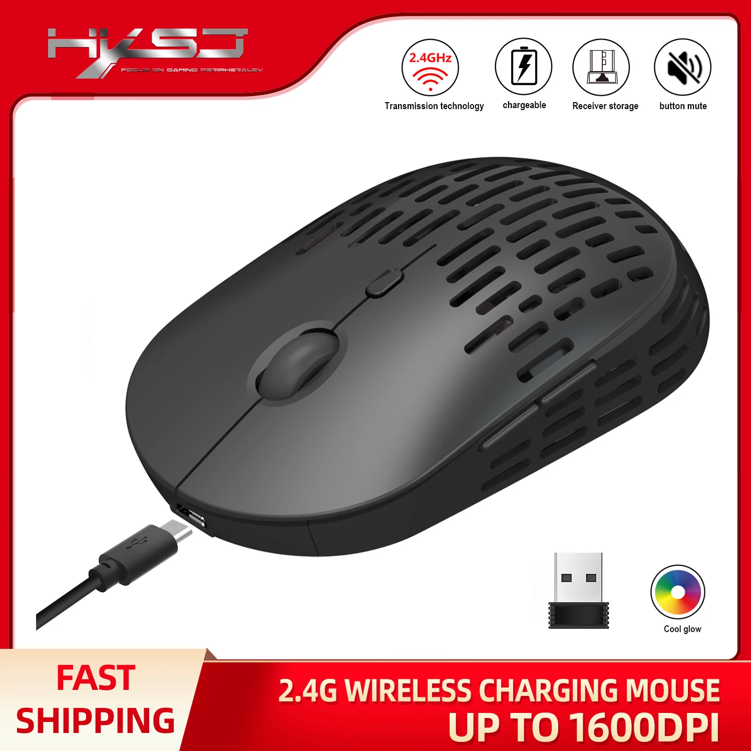 

silent mouse 2.4G wireless colorful glowing hollow mouse 6D ergonomic design built-in 600mAh rechargeable battery,max1600dpi