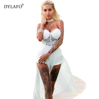 2021 sexy strapless lace jumpsuit women elegant off shoulder see through shorts playsuit night clubwear with skirt overalls