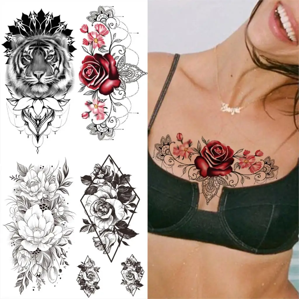 Rose Flower Pendant Temporary Tattoos For Women Adult Geometric Dahlia Tiger Fake Tattoo Chest Thigh Half Sleeve Tatoo Stickers