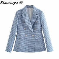 klacwaya women 2021 new blazer plaid printing double breasted long sleeve coat ladies office blazers casual suit women jacket