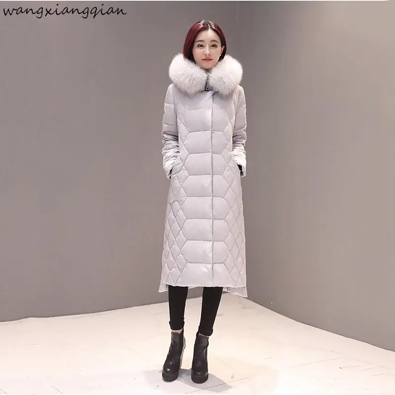 499 gray Женское пуховое пальто с капюшоном, новинка, зимнее, до колена, на молнии, однотонное, с лисьим меховым воротником, для женщин, плотное, средней длины, пуховик, женский, A499 - Цвет: 499 gray