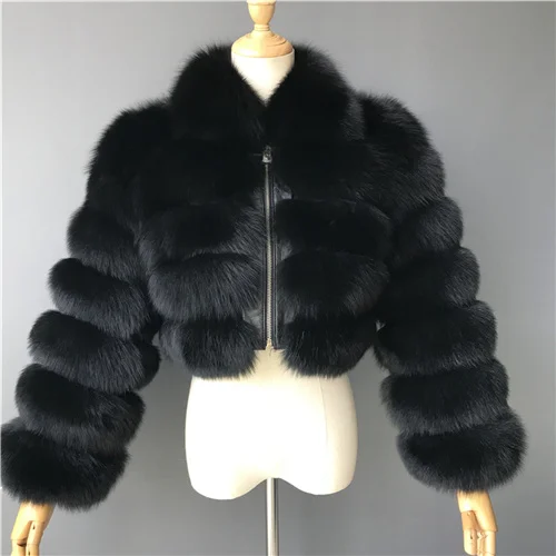 Black Женское пальто из натурального Лисьего меха короткая зимняя меховая куртка Верхняя одежда Акция Теплые Длинные рукава натуральный синий лисий мех пальто - Цвет: Black