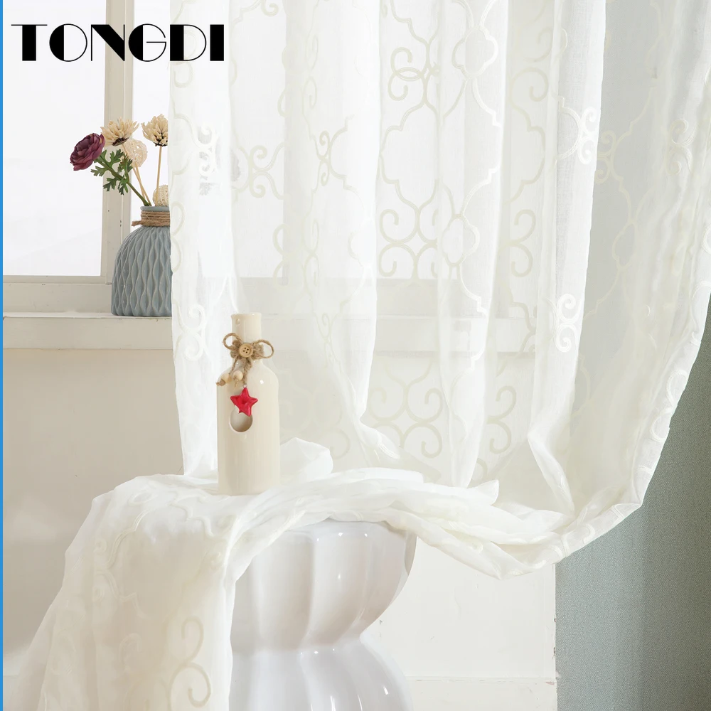 

TONGDI Geometric Embroidery Curtain Transparent Elegant White Tulle Sheer Window Home Decoration For Children Livingroom Bedroom