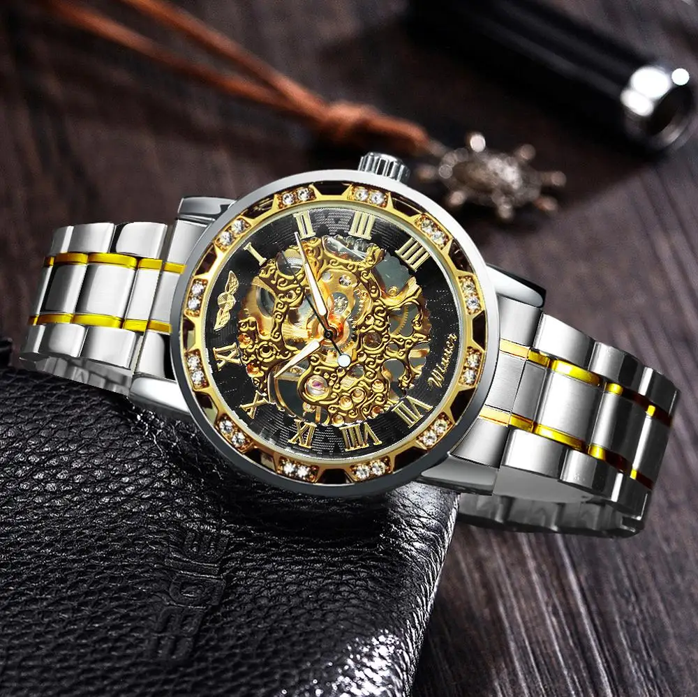 

Brand Luxury Watch Men Fashion Blue Skeleton Mechanical Watches Crystal Business Casual Wristwatch Steel Strap