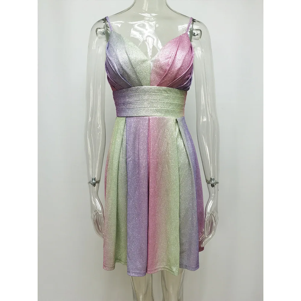 

Multicolor Summer Dress for Women Sexy Rainbow Spaghetti Dress Party Colorful Clubwear Mini Dress Backless V-neck Swing Dress