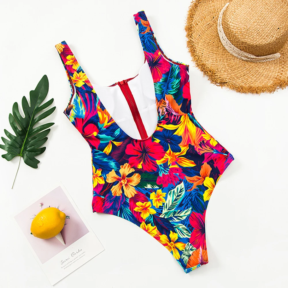 

2021 New Sexy Zipper One Piece Swimsuit Women Swimwear Push Up Monokini Bodysuit Swimsuit Print Bathing Suit Summer Beachwear XL