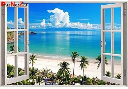 

ParNarZar 5D Diamond Painting DIY Beach Kits, Window Sea Tree Blue Sky Embroidery Diamond Full Drill For Home Wall Decorations