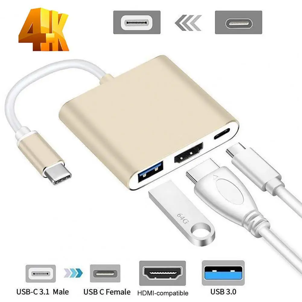 

Кабель-переходник 3 в 1 Plug Play USB3.1 Type-C на USB3.0 HDMI-совместимый кабель-адаптер Type-C шнур для ноутбука конвертер концентратор