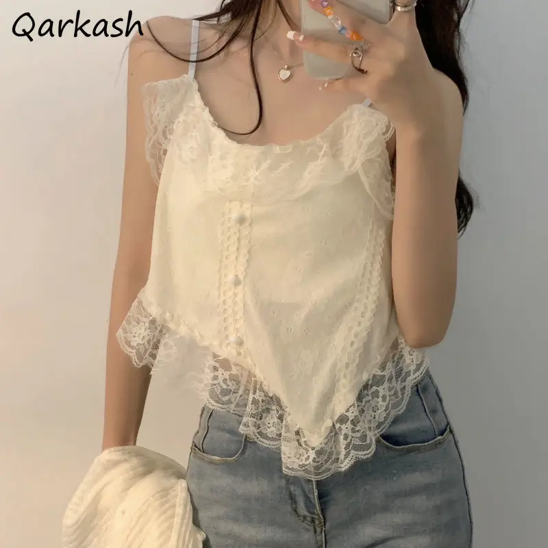 

Camisole Women Lace Fashion Lovely Ladies Y2k Basic Maiden Sweet Ins Summer Pure Color College Preppy Daily Girls Tops Slim Soft