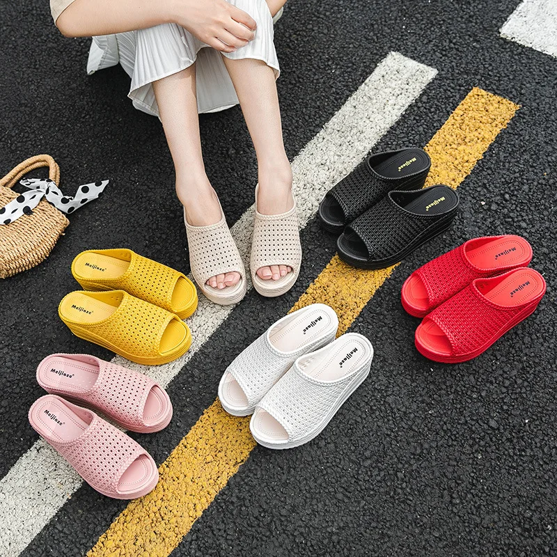 

Summer Women Casual Slippers Hollow Out Breathable Platform Wedge Peep Toe Thick Sole Outdoor Slides Height Increasing Shoes