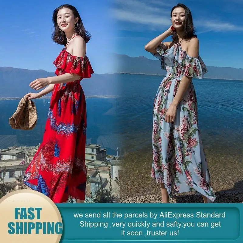 Boho красные женские платья Пляжные Новое поступление 2019 Сексуальная с плеча