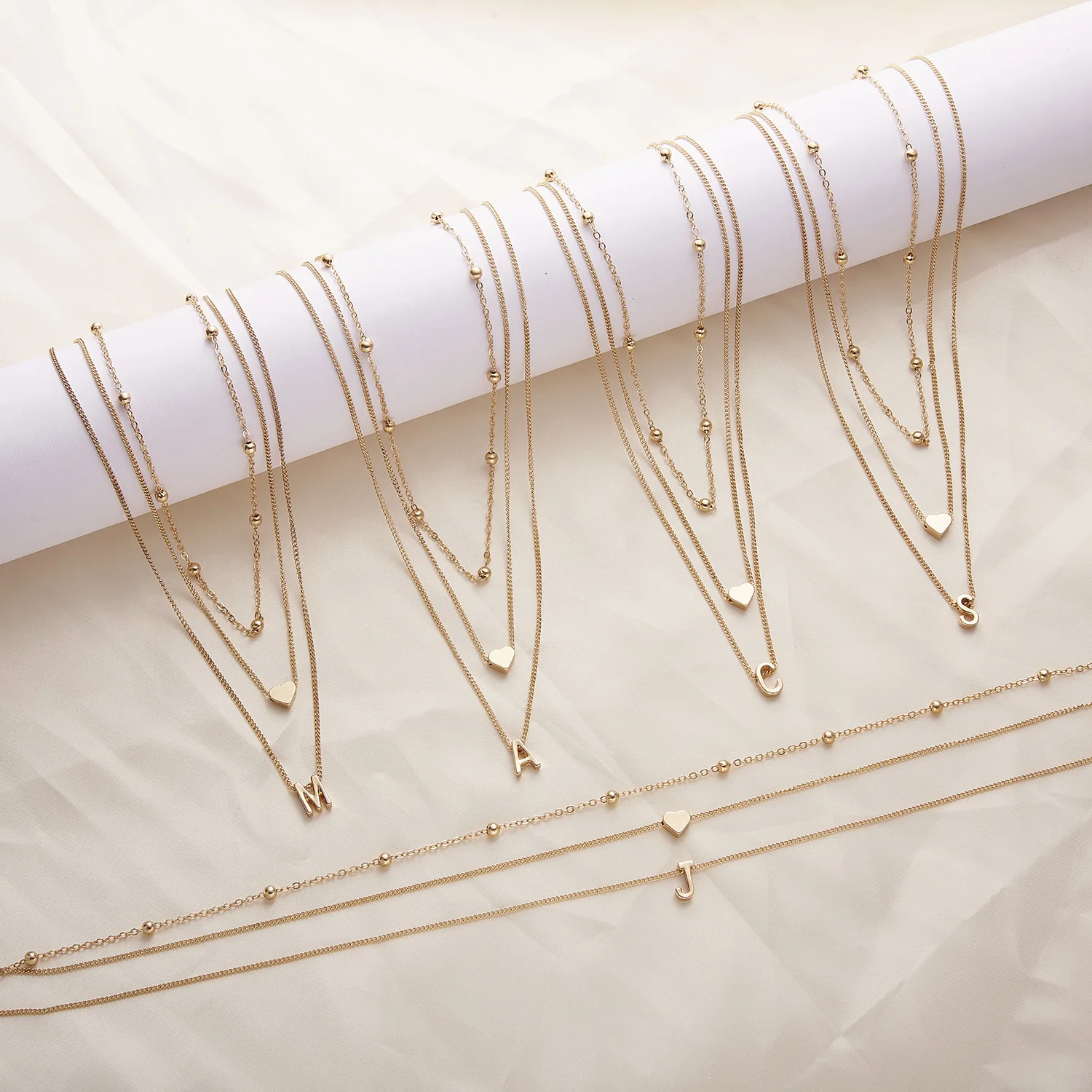 

Fashion Multi-layer Tiny Heart Dainty Initial Letters Round Beads Necklace Letter Name Short Chain Choker Clavicle Chain Jewelry