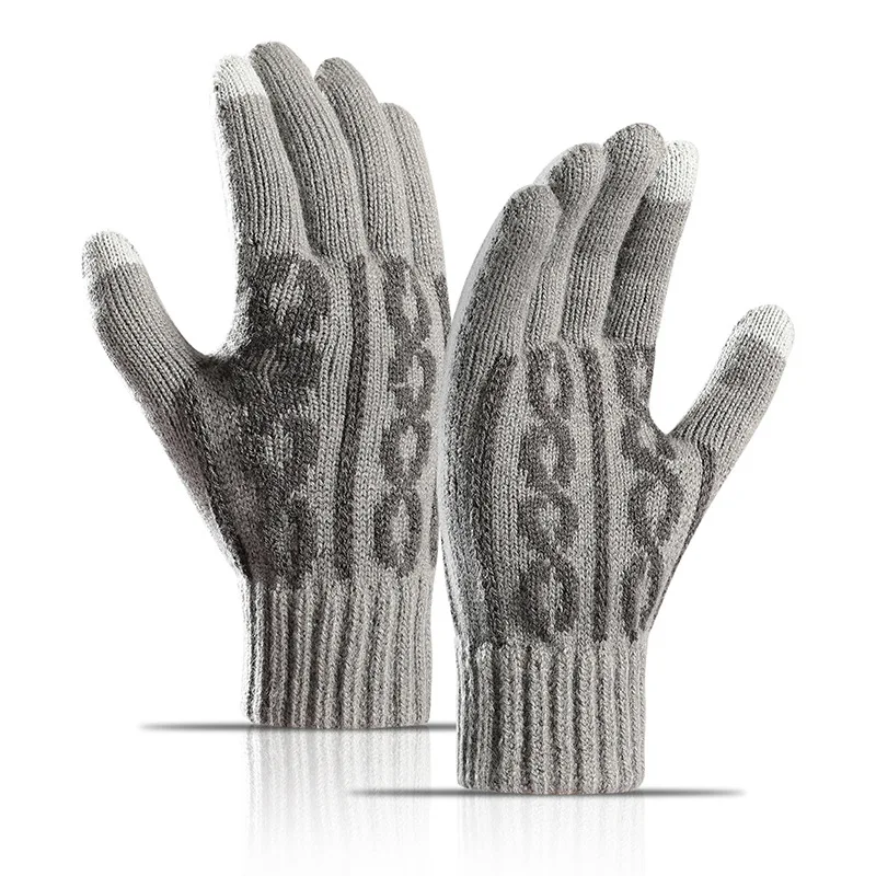 

Мужские вязаные перчатки, осенне-зимние жаккардовые шерстяные перчатки с разрезом на пальцах, бархатные плотные теплые перчатки для сенсор...
