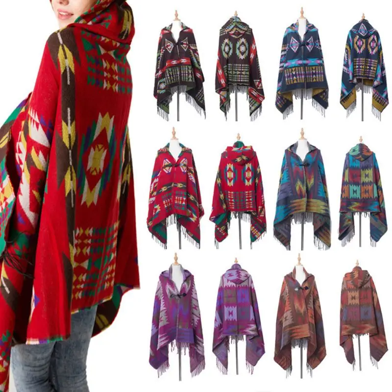 Для женщин ботильоны в этническом стиле пончо с капюшоном Ленточки шаль для