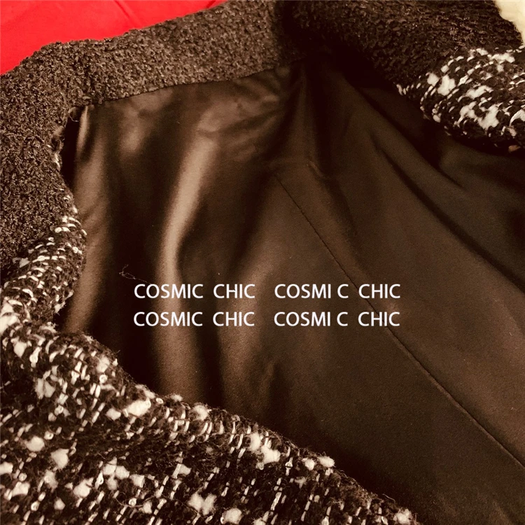 Cosmicchic SS женское дизайнерское шерстяное твидовое пальто черного и белого цвета с отворотом и боковыми карманами, теплые куртки с отворотом, роскошное пальто