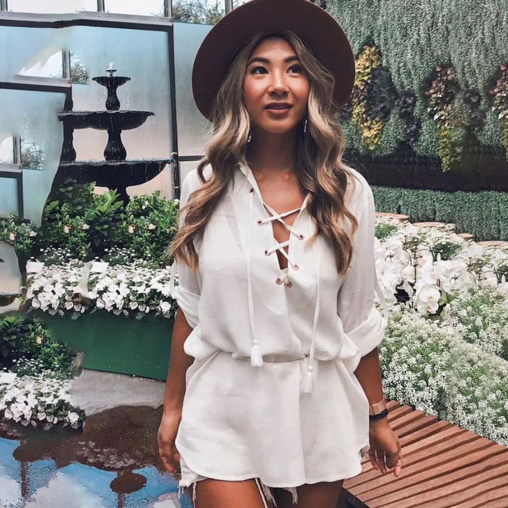 Летнее сексуальное пляжное мини платье для женщин с длинным пышным рукавом