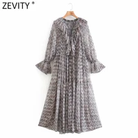 zevity women vintage v neck cascading ruffle pressed pleat tie dyed print chiffon dress female chic casual kimono vestido ds8152