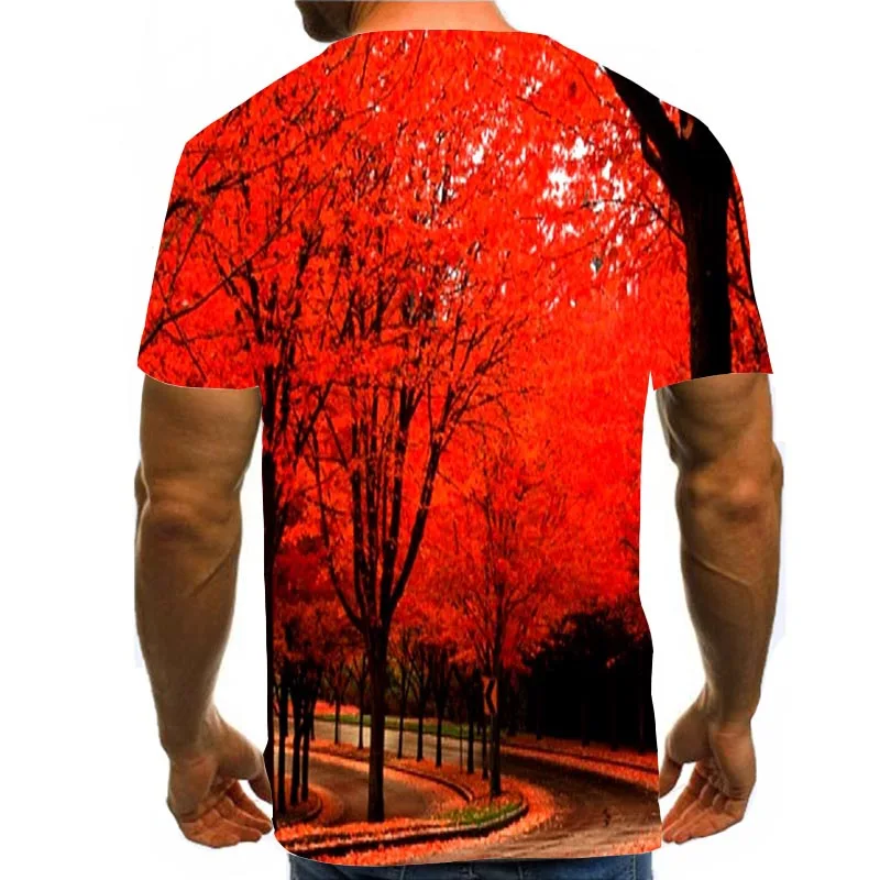 

Men Graphic T Shirts 3D Print Shirt Round Neck Summer Short Sleeve Scenery Tops Red Road Tees