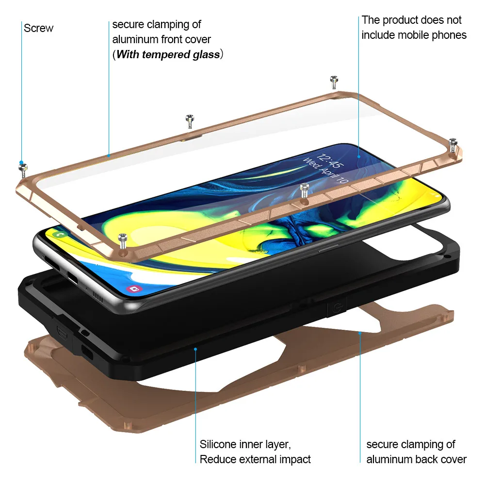 Для samsung Galaxy A80 твердый корпус для телефона Алюминиевый металлический корпус Закаленное стекло Защитная крышка для экрана сверхмощная Защитная крышка