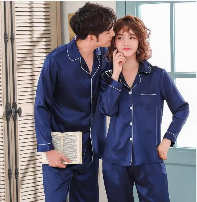 Housecoat Couple Silk Satin Pajamas Pyjamas Set Long Sleeve Sleepwear Relax Fit Suit Women Man Sleep 2PCS Set Luxury Loungewear