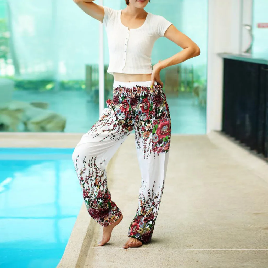 Шаровары для тренировок с цветочным принтом Пляжные штаны йоги эластичной