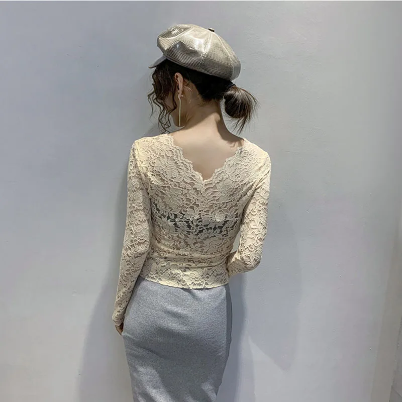 

New V-Neck White Shirt Women Casual Long Sleeve Lace Blouse 2020 Hollow Out Autumn Tops Korean Style Clothes Womens Shirts