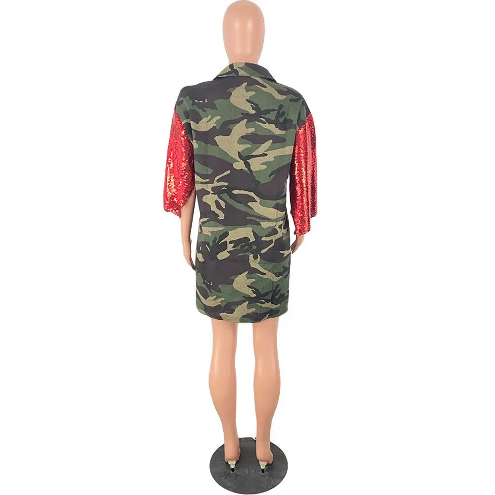 

PLUS SIZE 3XL Camouflage Sequined Patchwork Single-breasted Long Jacket Spring Vintage Street Women Turn-down Collar Outerwear