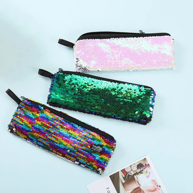 Двусторонний чехол-карандаш с блестками для девочек милый пенал школьный