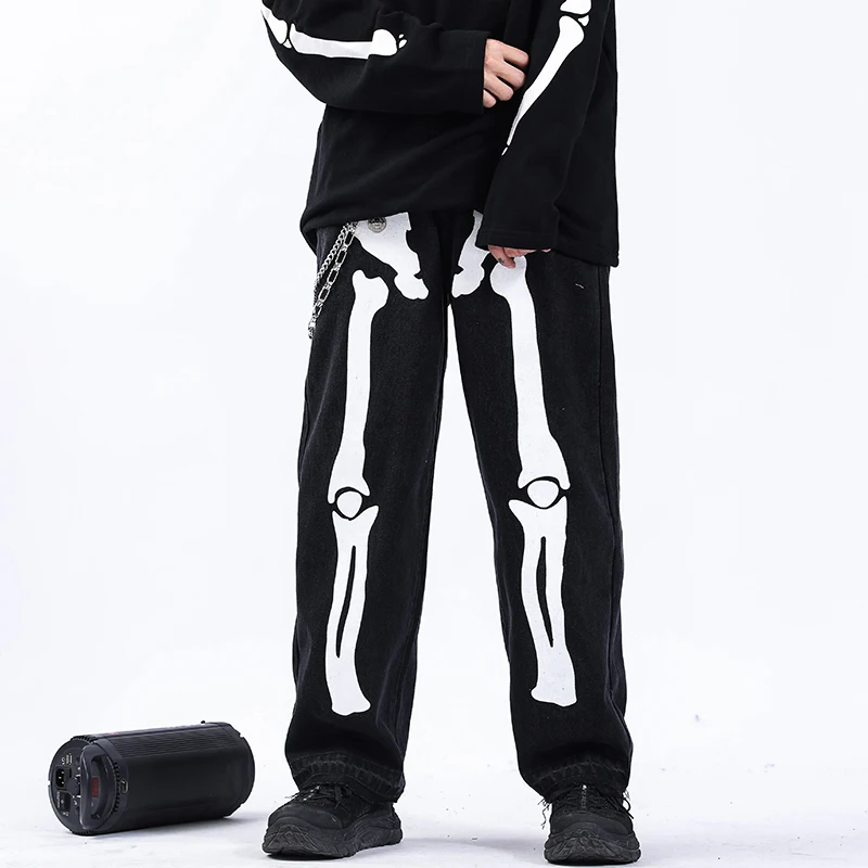 

Reflective Skeleton Print Black Casual Pants Fashion Harajuku Casual Pants Leg Wide Leg Hip Hop Pantalon Men's Clothing BY50CC