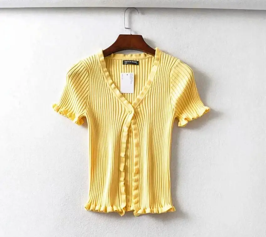 2020 AA древесины уши одной кнопки V образным вырезом с коротким рукавом свитер Для