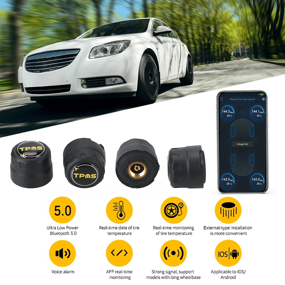 Sensor de presión de neumáticos de coche, alarma externa, sensores de presión de neumáticos universales, Android, iOS, BLE, TPMS, pantalla por aplicación, Bluetooth 4,0, 5,0