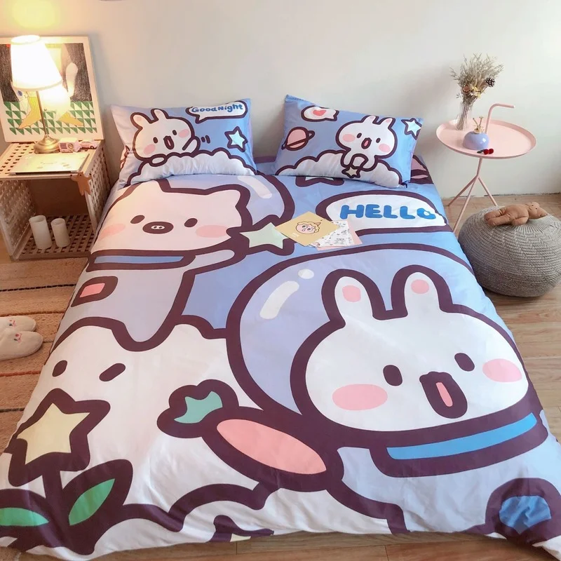 

Cute Rabbit Soft 100%Cotton Twin Queen Bedding Set Bed Sheet Kids Girls Cartoon Bed Set Duvet Cover Comforter Set Pillowcases