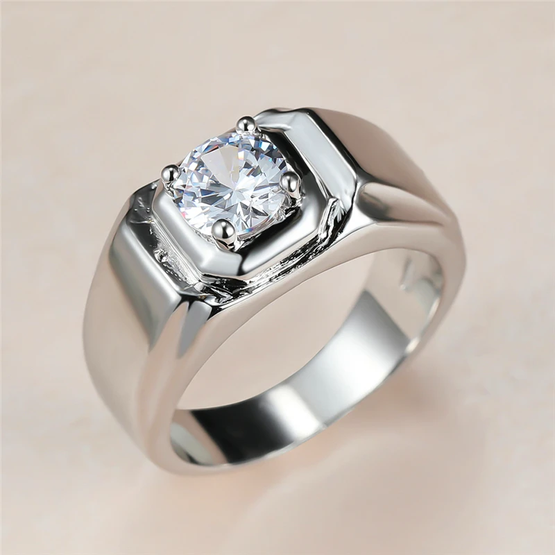 

Vintage Male Female Round Crystal Ring Charm Silver Color Wedding Ring Promise Square Zircon Engagement Rings For Women Men