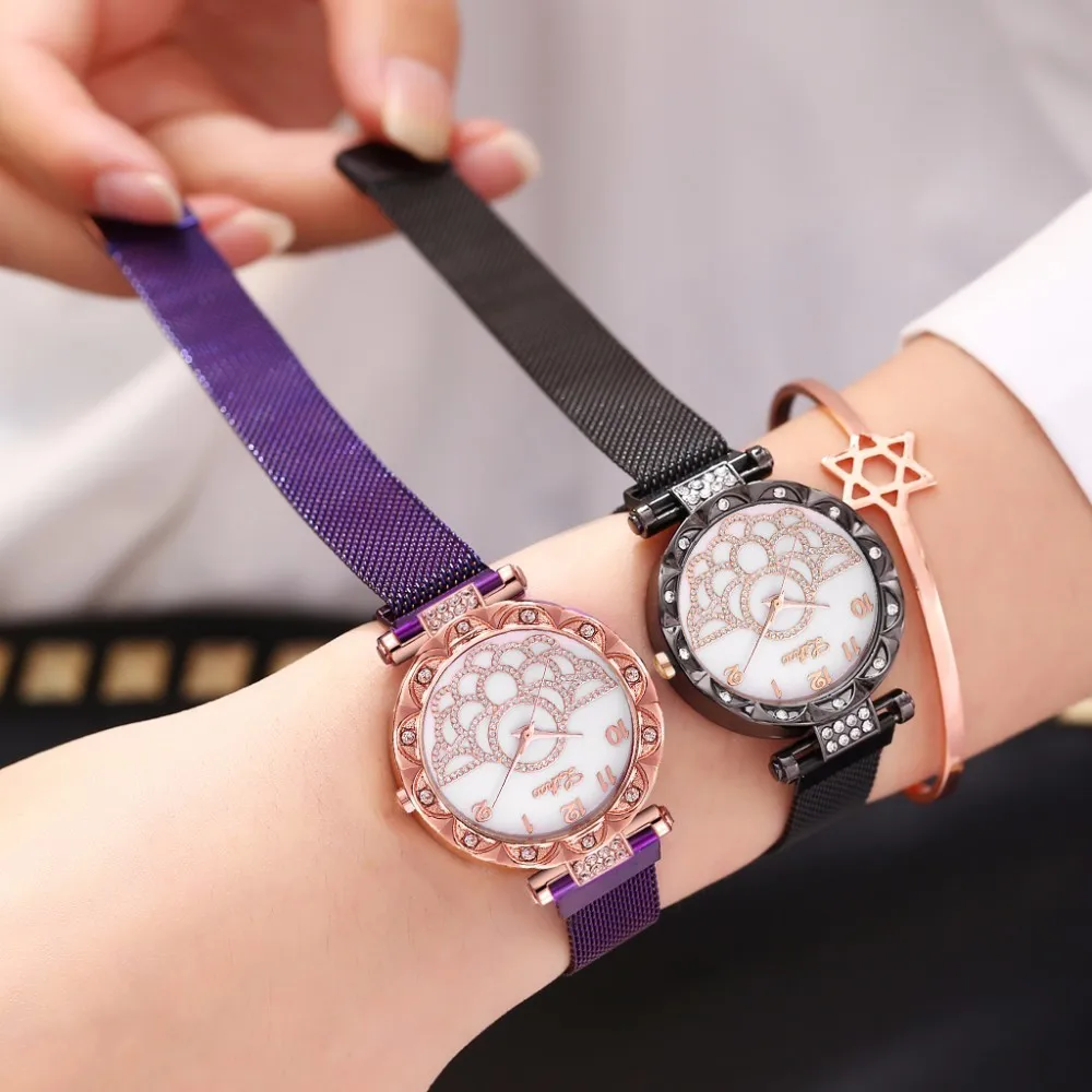 

Luxury Crystal Watches Women Rose Gold Watches Magnet Buckle Mesh Band Analog Quartz Watches Relogio Feminino zegarek damski