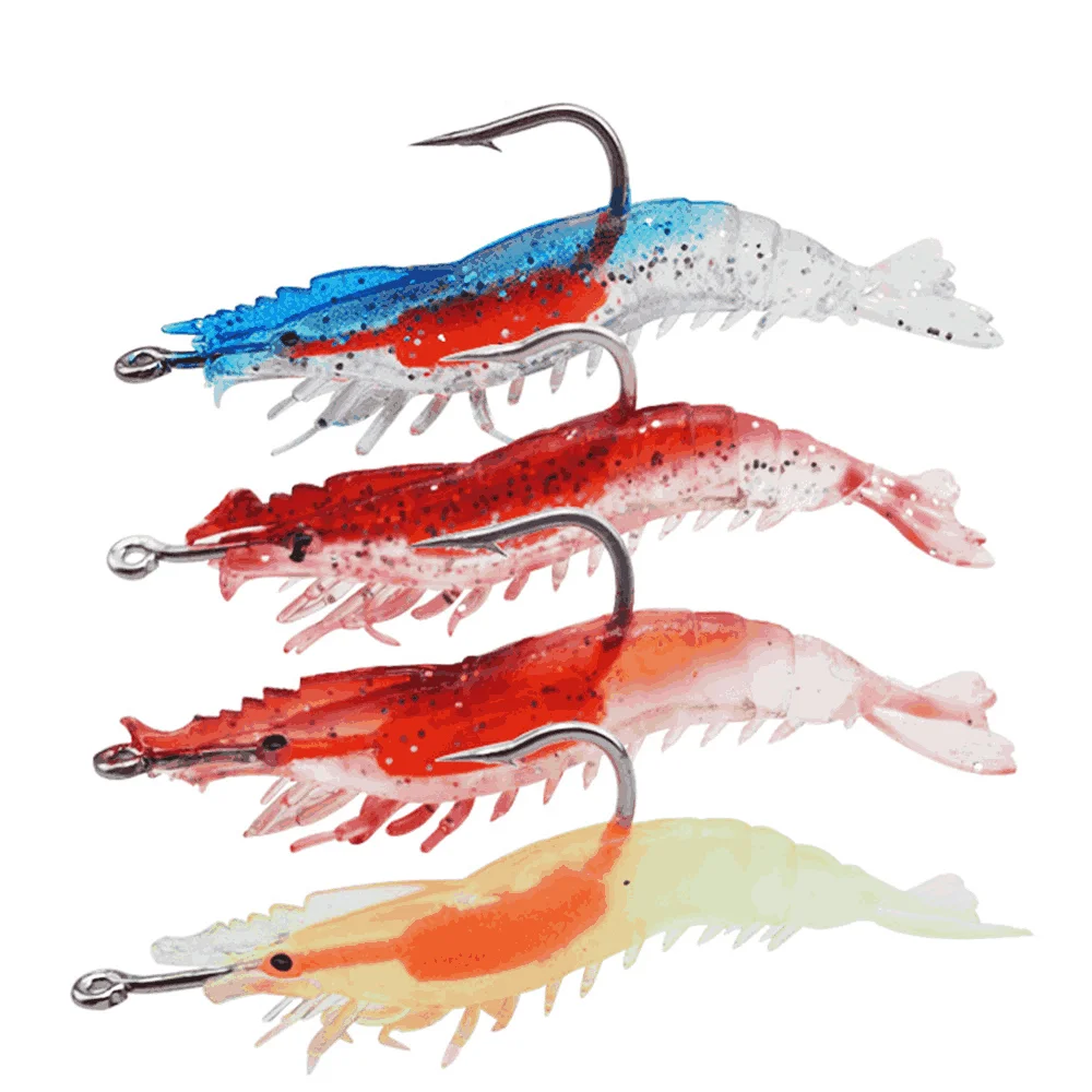 

4pcs Luminous Prawn Lure Shrimp Fake Bait Biomimetic Soft Prawn Fishy Smell Hook Worm Silicone Single Hook Sea Fishing Lure