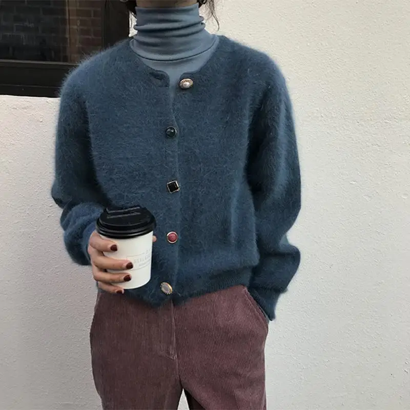 

Женский свитер с круглым вырезом ZITY, кашемировый кардиган из мохера с пуговицами и круглым вырезом из натурального меха норки, высококачест...