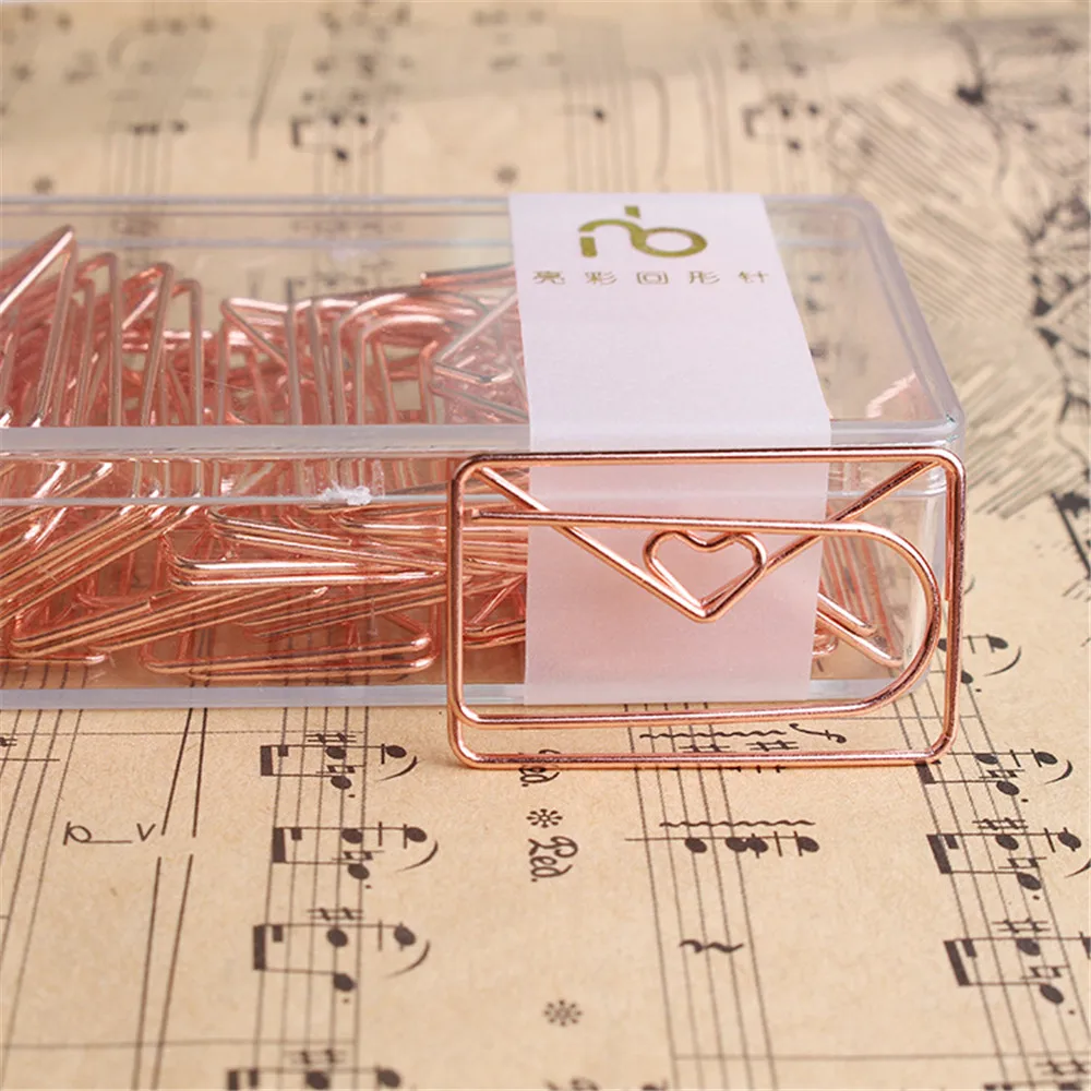 

20pcs/box Rose Gold Love Paper Clip Creative Modeling Clip Metal Office Accessories Paperclips Metal Paper Clips Bookmark