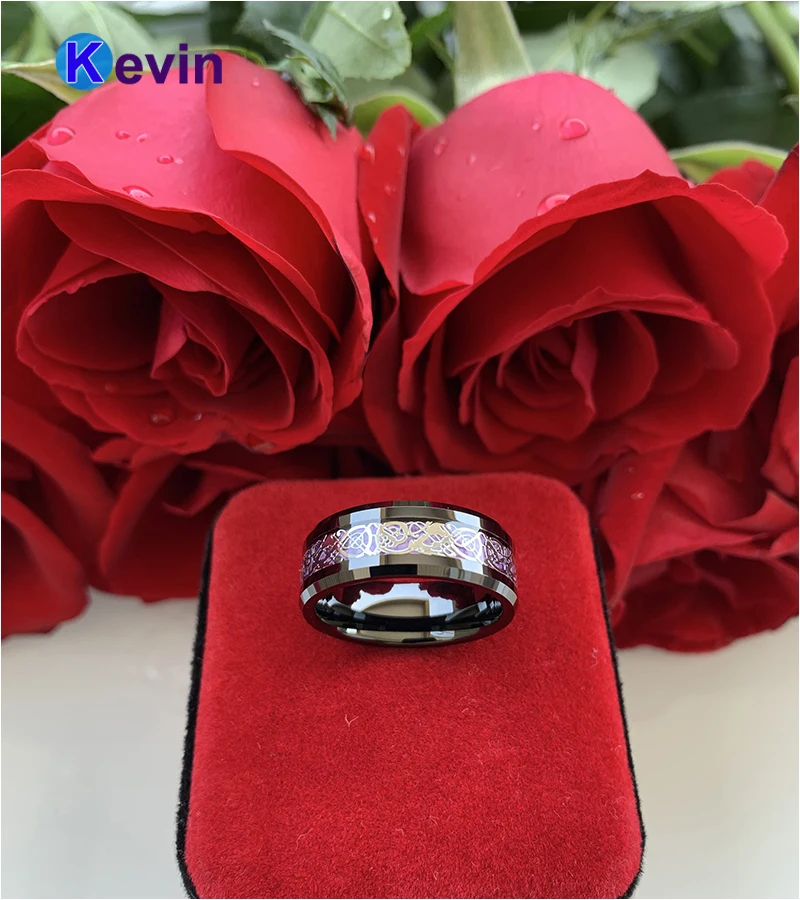 Вольфрамовое кольцо 8 мм для мужчин и женщин обручальное с фиолетовым углеродным