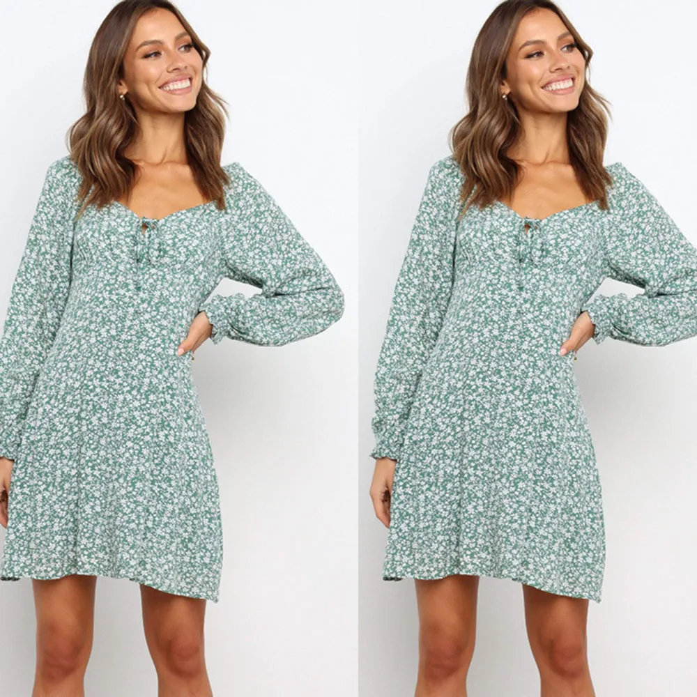 

Autumn Floral Print Sexy Backless Dress 2021 Casual Women V-neck Lace-up Long Sleeve Mini Dresses Woman Elegant Party Dress Robe