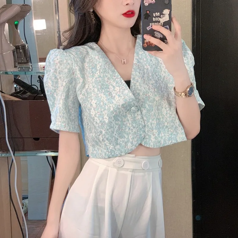 

Vintage Elegant OL Wear Short Jacket Women 2021 Summer Tops Solid Loose Puff Sleeve Single-breasted Female Coat