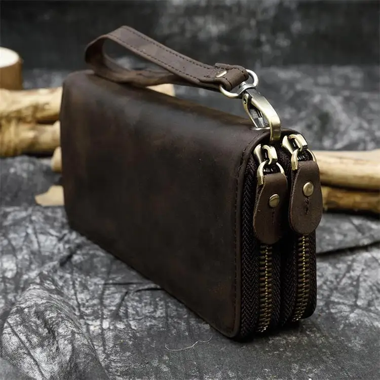 Double Zipper Dark1 Luufan большой емкости удлиненный кошелек-клатч двойной молнии слой 6 дюймов телефон бумажник с ремень на запястье натуральная кожа большой кошелек для мужчин и женщин - Цвет: Double Zipper Dark1