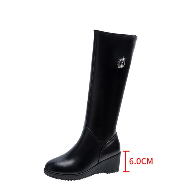 

Rimocy Luxury Crystal Wedges Platform Boots Women 2020 Winter Warm Short Plush Black PU Knee High Boots Womens Slim Botas Mujer