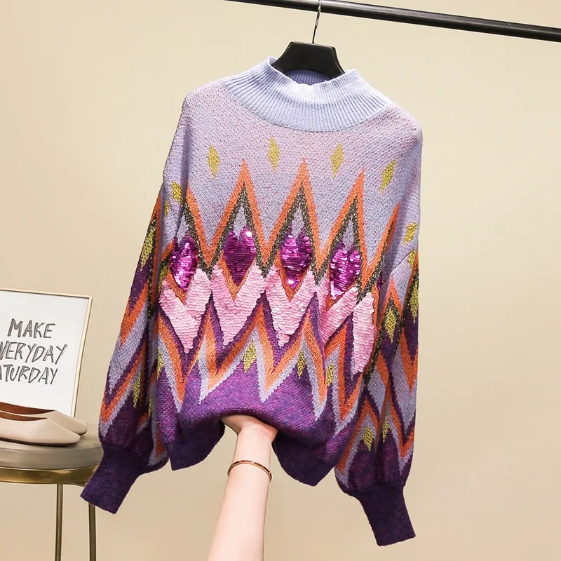 

Для SuperAen тяжелая работа блестки геометрический ромбовидный Свободный Топ Ретро водолазка свитер для женщин