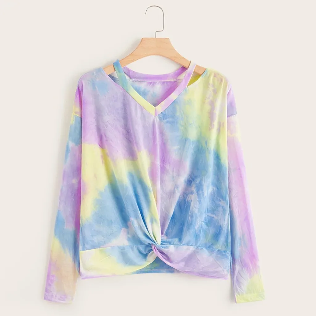 Женские Градиент контрастного Цвет Толстовка с принтом топ длинными рукавами