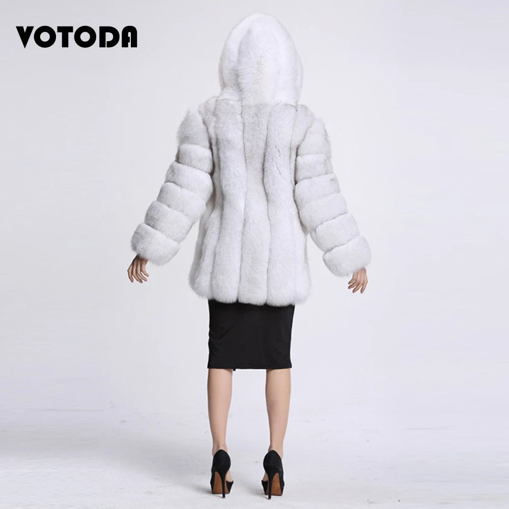 Warm Fashion Fox Fur Coat Women Fluffy Furry Mink Coat Winter Long Sleeve Hooded Overcoat Luxury Thick Outerwear Faux Fur Jacket