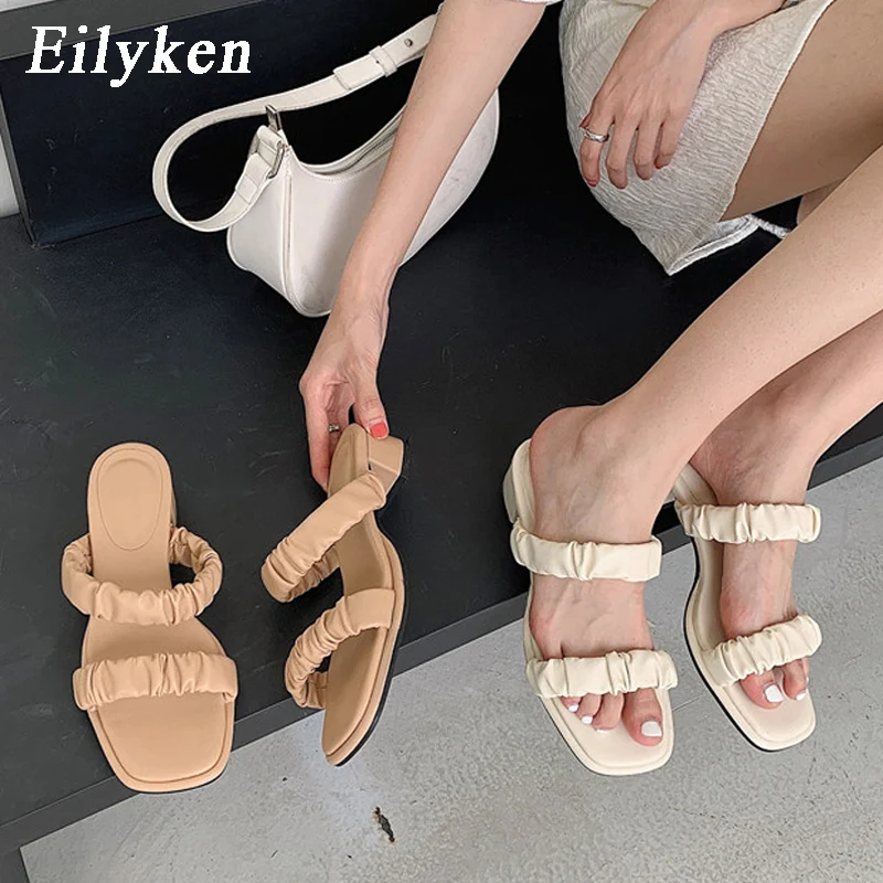 

Eilyken Fashion Pleated Leather Comfortable Slippers Outdoor Summer New Women Sexy Low Heel Slides Open Toe Ladies Leisure Shoes
