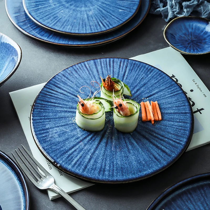 

Enamel blue ceramic tableware flat steak cake plate