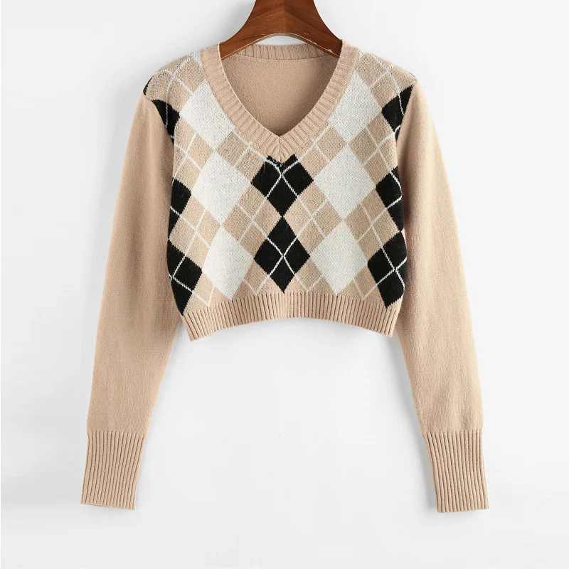 

Women Argyle Crop Sweater V Neck Long Sleeve Pullover Elegant Knit Tops Sweater Top 2021 Fashion Autumn Outwear Jersey Mujer